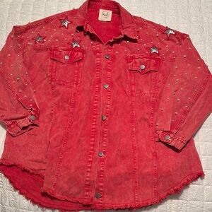 Fantastic Fawn Large Red Denim Jacket with Star Accents and pearls.